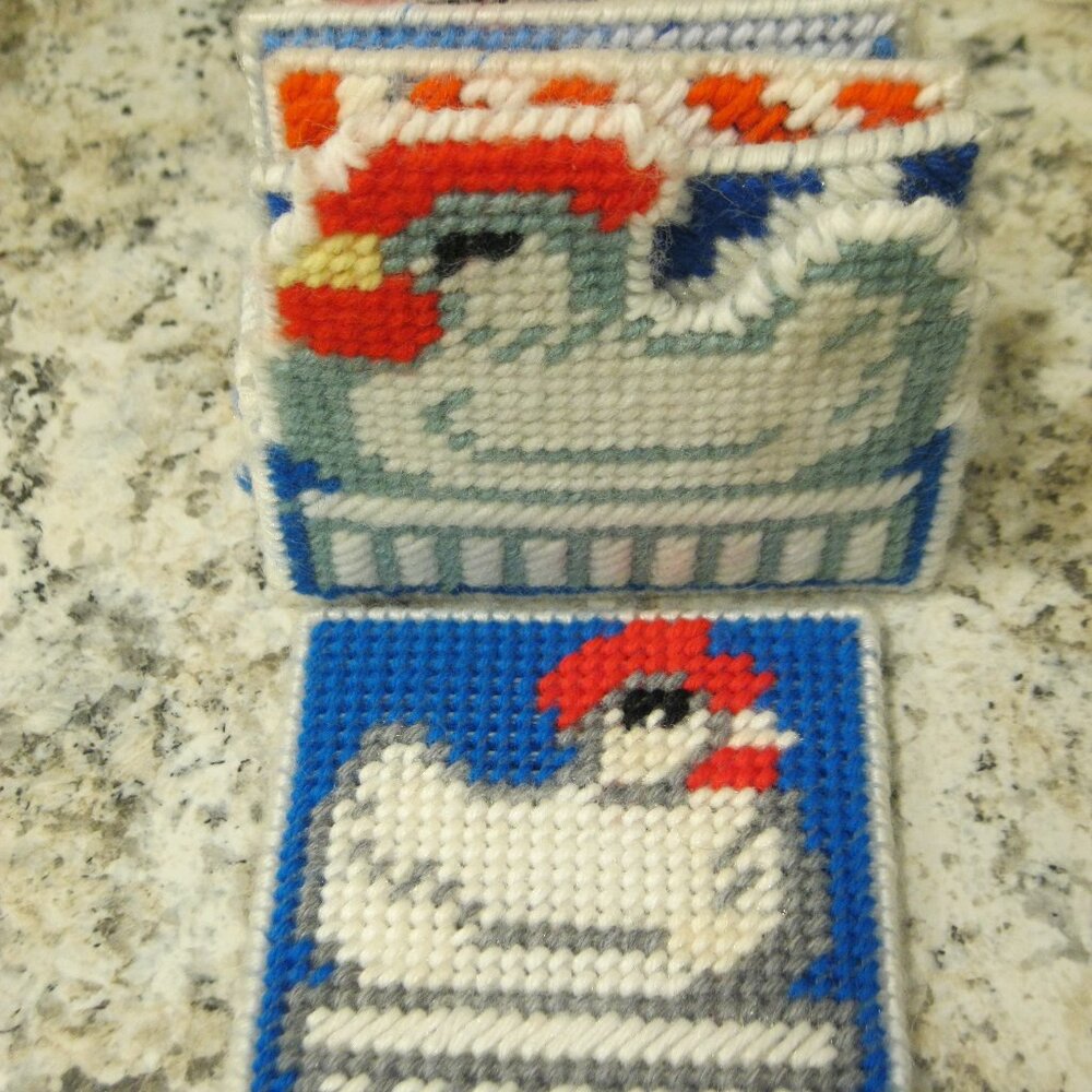 4 Needlepoint Coasters With Holder